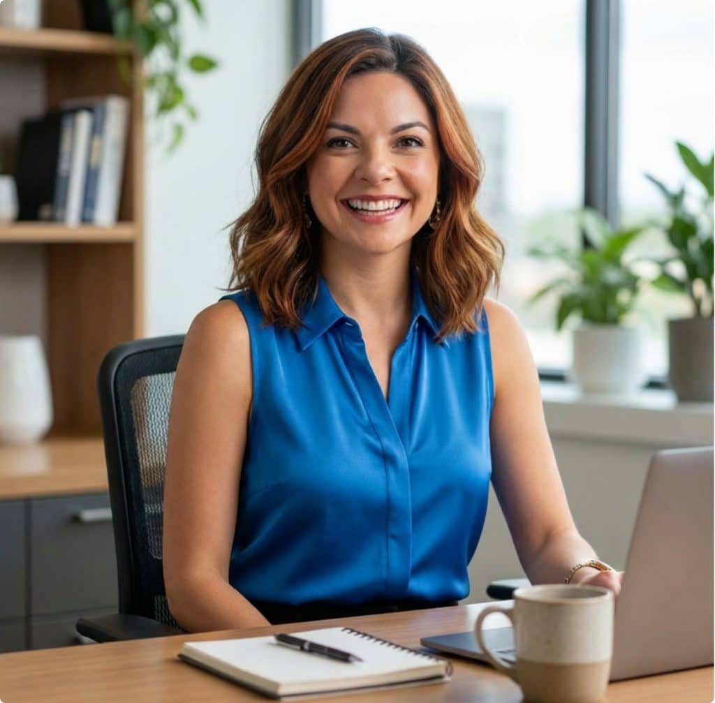 Business professional at desk reading leadership blog on emotional intelligence, workplace communication, and career development strategies