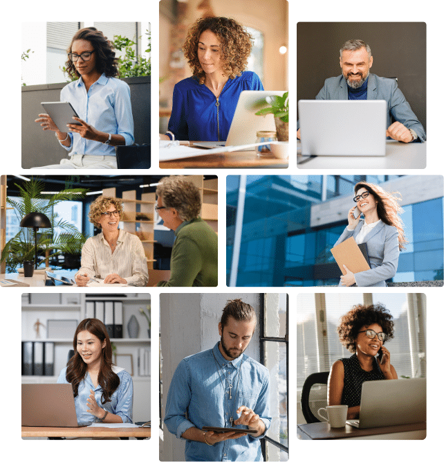 Diverse professionals and leaders using technology to support leadership development, workplace communication, and emotional intelligence in modern business environments